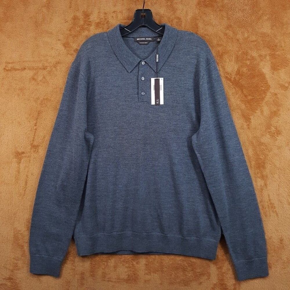 MICHAEL KORS Sweater Mens XL Grey Polo Pullover 100% Extra Fine Merino Wool $178